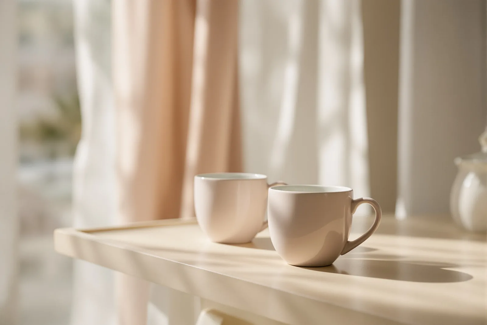 Deux tasses sur une table en bois, lumière douce du matin